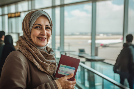 A middle-aged Arabic woman, with a joyful expression, holds her passport and plane ticket in the departure area of an airport. The background features large windows with a view of the tarmac, check-in desks, and other travelers.の素材
