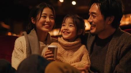 A Japanese family, with the parents happily watching a movie alongside their daughters in a cozy cinema. The dim lighting sets a relaxed mood, and the daughter holds a small drink.の素材