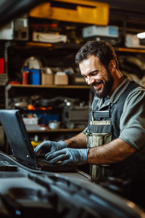 A joyful Brazilian mechanic, wearing a work shirt and gloves, uses a laptop while repairing a truck in a busy workshop. The setting includes shelves with tools, parts, and a well-maintained repair area.の素材