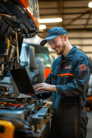 A happy Caucasian mechanic, in a work uniform, operates a laptop while working on a truck in a large repair shop. The scene features numerous tools, a partially disassembled truck, and a bright, professional environment.の素材