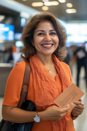 A cheerful middle-aged Hispanic woman, with a radiant smile, holds her passport and boarding pass while standing in an airport departure area. The scene includes sleek check-in counters, flight screens, and a busy terminal.の素材