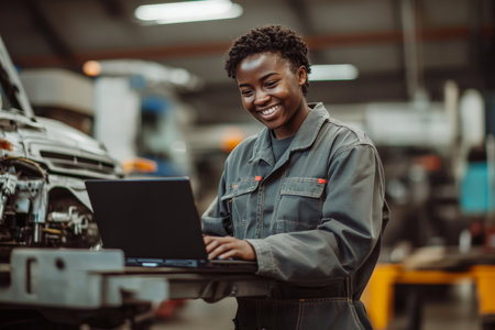 A cheerful young Black mechanic, wearing a work uniform, uses a laptop while inspecting a truck in a busy repair workshop. The background features various tools, a partially disassembled truck, and a well-organized workspace.の素材
