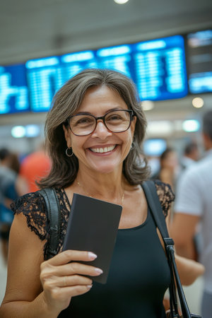 A middle-aged Brazilian woman, smiling contentedly, holds her passport and boarding pass at a vibrant airport departure area. The scene features a well-organized terminal, digital flight screens, and fellow passengers.の素材