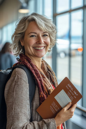 A happy middle-aged Caucasian woman, with a bright smile, holds her passport and boarding pass in the departure area of an airport. The setting includes a busy terminal, large windows with a view of planes, and travelers moving about.の素材