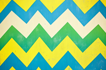 A playful background featuring zigzag stripes in bright, bold colors: yellow, green, and blue. The dynamic pattern and vibrant colors create a fun, energetic design, perfect for a modern, youthful aesthetic.の素材