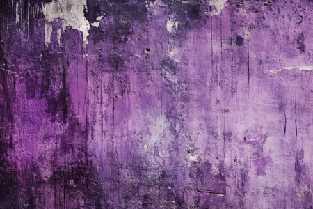 A grunge wall texture in deep purple, with heavy scratches, stains, and a faded, worn-out finish.の素材