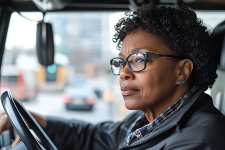 A middle-aged African American female bus driver, confidently steering the bus through a busy downtown area. Her expression is focused, with the hustle and bustle of the city visible through the large windshield.の素材