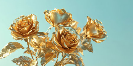 A bouquet of metallic gold roses with intricately detailed petals set against a soft sky blue background, the arrangement glowing with a sense of refinement.の素材