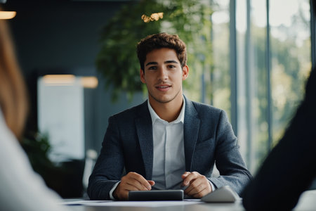 A young Hispanic businessman, with a positive demeanor, operates a touchpad while conversing with a colleague in a stylish meeting room. The background includes contemporary office decor and a modern conference table.の素材