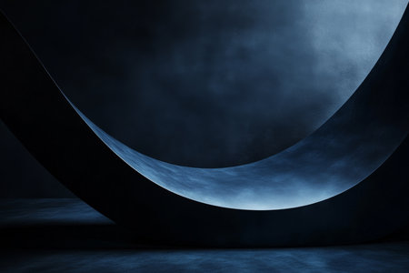 A dramatic background in dark navy and black, with bold curved shadows that add depth and a sense of mystery.の素材