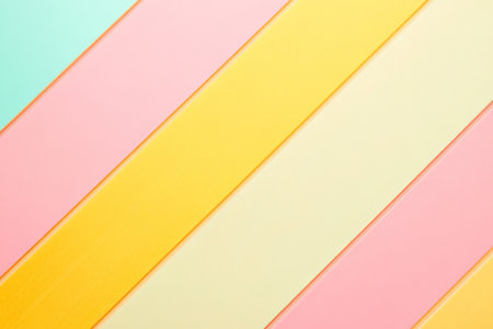 A playful background with alternating diagonal stripes in vibrant, candy-colored pastels: pink, yellow, and mint green. The bright and cheerful design evokes a fun, lighthearted atmosphere.の素材