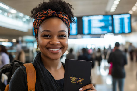 A delighted young Black woman, holding her passport and plane ticket, stands in a well-lit airport departure area. The background shows modern amenities, flight information boards, and a bustling crowd of travelers.の素材