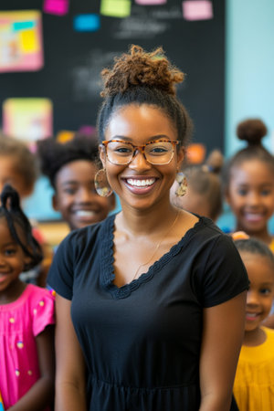 A happy Black teacher, surrounded by a group of smiling students, poses in a vibrant classroom. The setting features learning materials, a chalkboard, and a welcoming, interactive environment.の素材