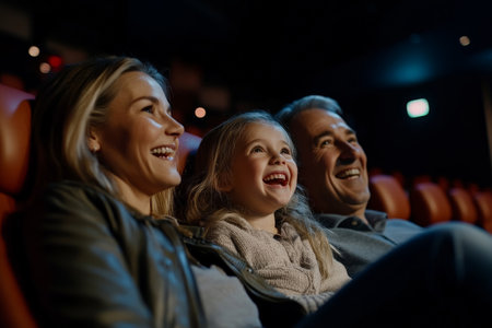 A happy family of three, with the parents and their daughters, sit comfortably in a dimly lit cinema, laughing together during a lighthearted scene. The parents share a loving glance while their daughter giggles in delight.の素材