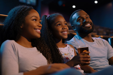 A happy Black family, including a father, mother, and daughter, seated comfortably in a cinema, watching a film together. The parents smile at each other while the daughter, clutching her drink, focuses intently on the screen.の素材