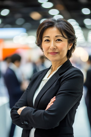 A middle-aged Japanese businesswoman, confidently smiling, poses at a convention center during a conference. The scene includes modern event setups, informational displays, and a busy, well-lit space.の素材
