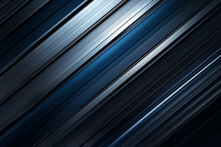 A futuristic background with thin, metallic stripes in chrome, silver, and deep blue, set against a dark background. The high-tech design exudes a sleek and modern aesthetic, with a hint of industrial edge.の素材