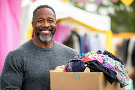 A middle-aged African American man, with a beaming smile, holds up a donation box filled with clothes. He stands in front of a cheerful, colorful backdrop of a community fair or charity event.の素材