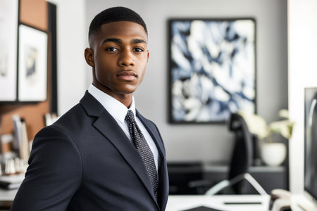 A young African American businessman, wearing a tailored suit, looks confidently at the camera from his contemporary office. The scene includes a clean desk, high-end office equipment, and a stylish decor.の素材