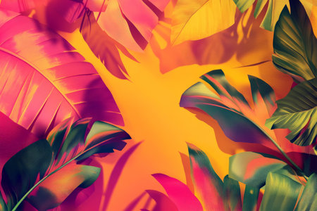 A vibrant, tropical background in bright shades of orange, pink, and yellow, with dynamic curved shadows that evoke a sense of energy and warmth.の素材