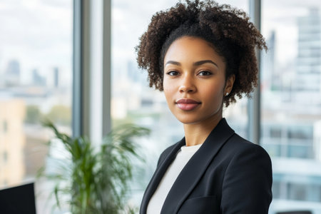 A young Black businesswoman, confidently standing in a corporate office, looking directly at the camera with a professional demeanor. The modern office is bright and airy, with a cityscape visible through the large windows.の素材