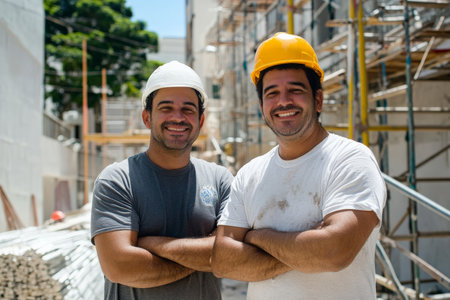A Brazilian building contractor and a worker smiling confidently at the camera while standing at a construction site. The scene includes unfinished buildings, scaffolding, and piles of building materials.の素材