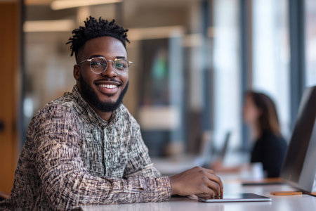 A young African American businessman, looking pleased, uses a touchpad while discussing with a colleague in a modern office. The setting includes a clean conference table, interactive displays, and a professional atmosphere.の素材