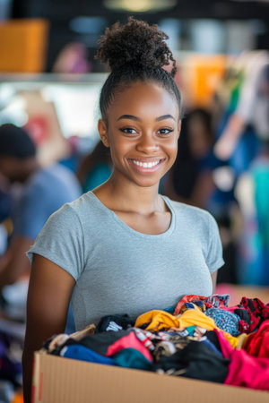 A young Black female volunteer, looking joyful, stands with a donation box filled with clothes. She is surrounded by a lively charity event setting with other volunteers and donation items visible in the background.の素材
