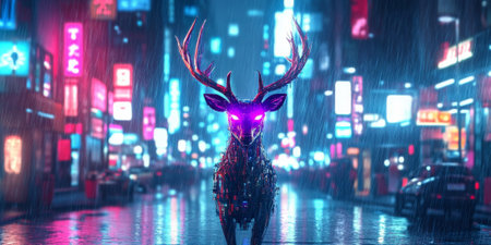 A cyberpunk deer with glowing purple eyes standing in the middle of a rain-soaked street in a neon-lit city, its antlers reflecting the bright lights.の素材