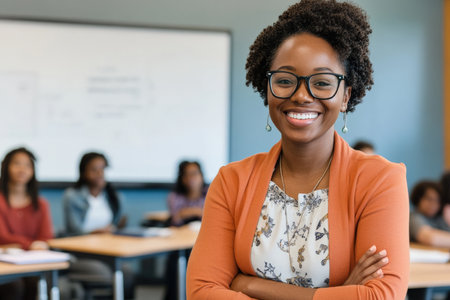 A cheerful Black adult education teacher, with a radiant smile, stands in front of a group of students in a modern classroom. The background includes desks, a large whiteboard, and engaging classroom decor.の素材