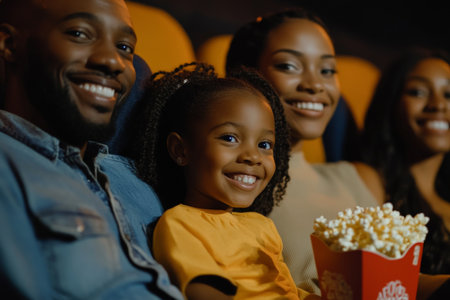 A happy Black family, including parents and their daughters, seated in a cozy cinema, enjoying a film. The warm light from the screen reflects on their faces as they share popcorn and smiles.の素材