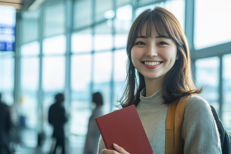 A happy young Japanese woman, with a bright smile, holds her passport and plane ticket in the departure area of a modern airport. The background includes large windows, flight information displays, and travelers.の素材