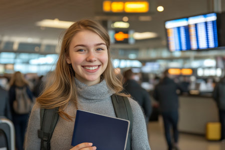A joyful young Caucasian woman, holding her passport and plane ticket, poses in a busy airport departure area. The background includes airline counters, flight information screens, and a lively terminal.の素材