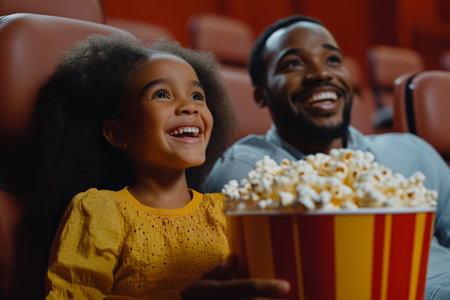 A joyful family of three, with the parents and their daughters, sit together in a cinema, sharing a large popcorn bucket while they watch a movie. The daughter's excitement is evident as the parents look on with warm smiles, enjoying the moment.の素材