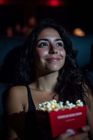 A Hispanic woman seated in a cinema, chuckling and reaching for popcorn during a comedy movie. The dark, cozy atmosphere of the theater enhances the enjoyment of the light-hearted film.の素材