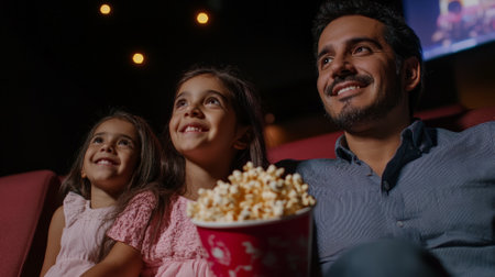 A Brazilian family, with the parents sitting on either side of their daughters, all happily watching a movie in a cinema. The daughter holds a large bucket of popcorn, with the warm light from the screen illuminating their faces.の素材