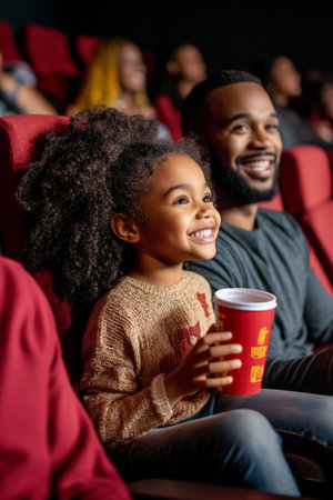 A Black family, filled with joy, sits together in a cinema, enjoying a movie. The parents share a glance and a smile, while their daughters, clutching a drink, is absorbed in the film.の素材