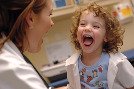 A cheerful young child laughs as the doctor gently examines their throat with a tongue depressor in a friendly, well-decorated examination room. The child is seated comfortably on the exam table, and the doctorÃ¢â¬â¢s warm demeanor makes the visit pleasant.の素材