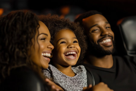 A happy family of three, with the parents and their daughters, sit comfortably in a dimly lit cinema, laughing together during a lighthearted scene. The parents share a loving glance while their daughter giggles in delight.の素材