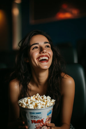 A Hispanic woman, her laughter soft but enjoying a comedy movie in a genuine cinema with a tub of popcorn in hand. The dim light from the screen highlights her cheerful demeanor.の素材