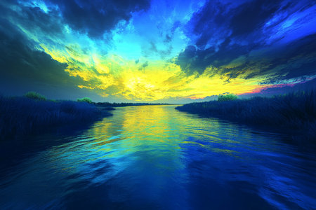 A mystical river landscape with a sky that transitions from a bright, neon yellow at the horizon to a deep, electric blue above. The river_s surface mirrors the gradient, with glowing reflections addi.jpgの素材