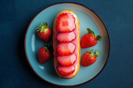 A top view of a strawberry and cream _clair, with a glossy pink glaze and fresh strawberries. The _clair is set against a deep blue background, adding contrast and sophistication to the scene. .jpgの素材