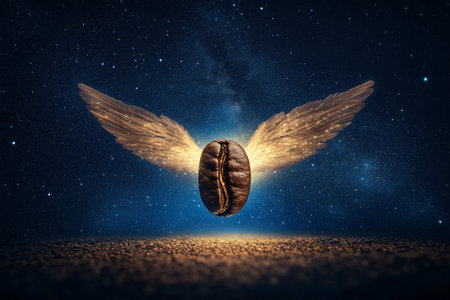 A coffee bean with angelic wings, glowing softly as it hovers over a serene, dark sky filled with stars. The bean emits a gentle light, giving the scene a peaceful, otherworldly feel as it floats through the night.の素材