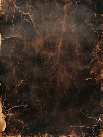 A dark brown, almost black, parchment with irregular, jagged edges, featuring small, subtle ink smudges and a faint watermark. The surface has a rich texture, showing light scratches and wrinkles, giving a sense of history and decay.の素材