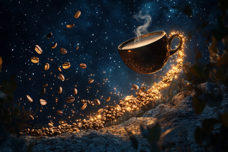 A surreal image of a giant coffee cup flying through a starry night sky, leaving a trail of glowing coffee beans in its wake. The scene is illuminated by a soft, moonlit glow, creating a dreamy, fanta .jpgの素材