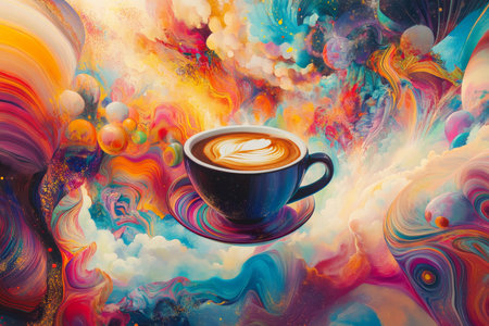 A coffee cup flying through a vibrant, abstract landscape of swirling colors and shapes, representing the energy and creativity that coffee inspires. The cup is detailed with dynamic patterns, making it the focal point of this surreal scene.の素材