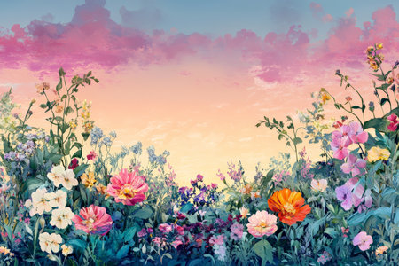 A vibrant floral garden with a gradient sky transitioning from a rich magenta at the horizon to a cool, dusky blue at the top. The flowers and foliage are subtly tinted with the gradient colors of the.jpgの素材