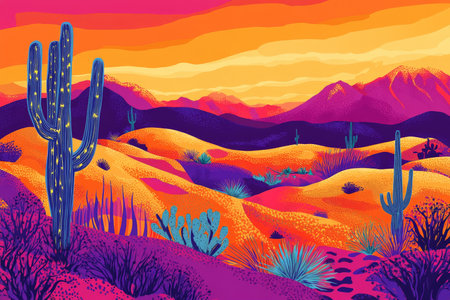 A bright, pop art desert landscape with dunes in vivid shades of orange and pink. Cacti and desert flora are depicted in bold, contrasting colors, and the sky is a gradient of deep purple to bright yellow, creating a striking, energetic scene.の素材