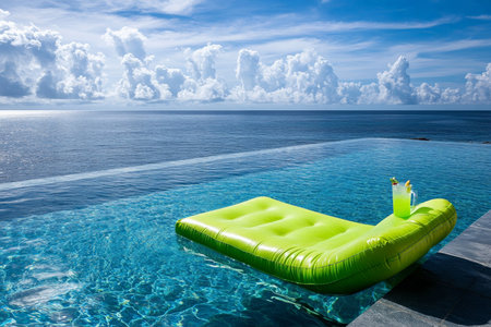 A luxurious, infinity-edge swimming pool overlooking the ocean. A neon-green air mattress with a tropical drink holder floats in the serene water, with the horizon blending into the sky. Gentle waves ripple across the pool s surface.の素材