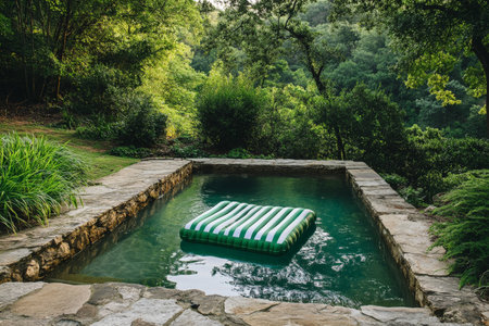 A rustic swimming pool surrounded by natural stone and greenery. A green and white striped air mattress floats serenely in the water, with the surrounding nature reflected on the calm surface. The sce .jpgの素材
